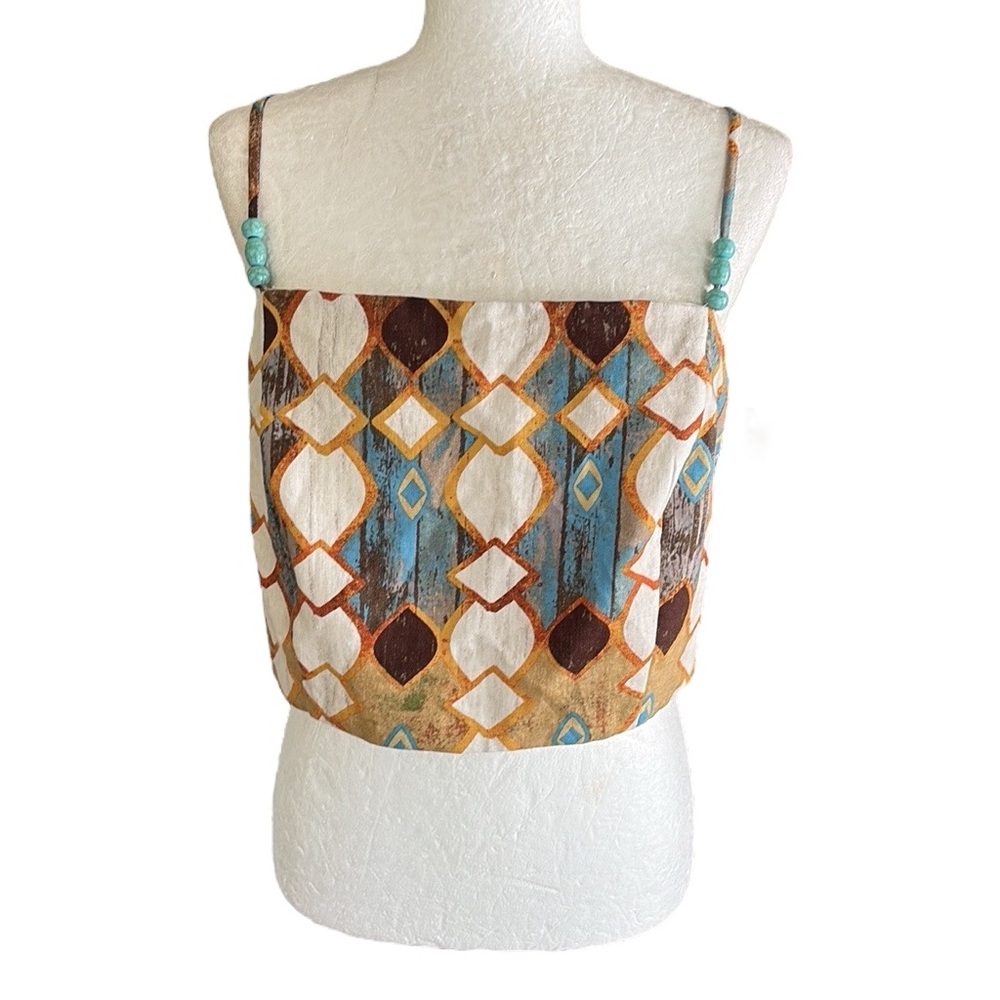 NWT JOIE Geometric Print Linen Blend Turquoise Beaded Crop Top - L